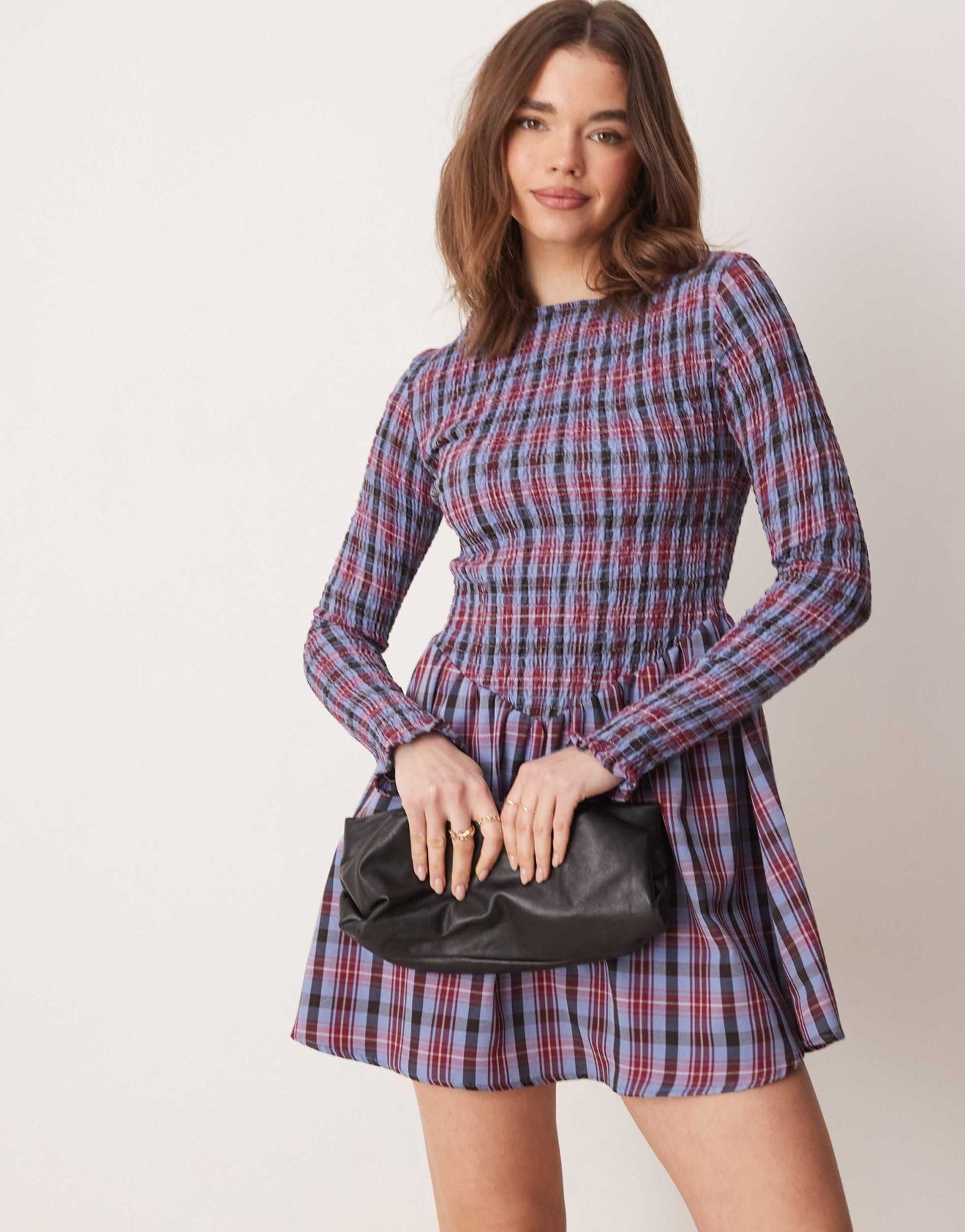 ASOS DESIGN shirred top mini dress in blue check - ASOS Sample Sale