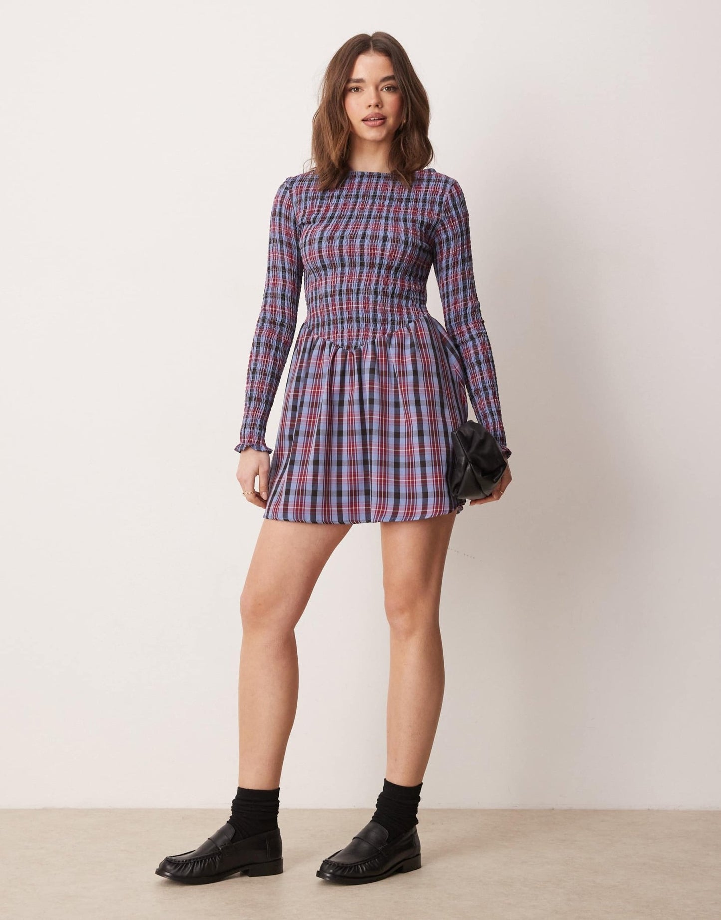 ASOS DESIGN shirred top mini dress in blue check - ASOS Sample Sale