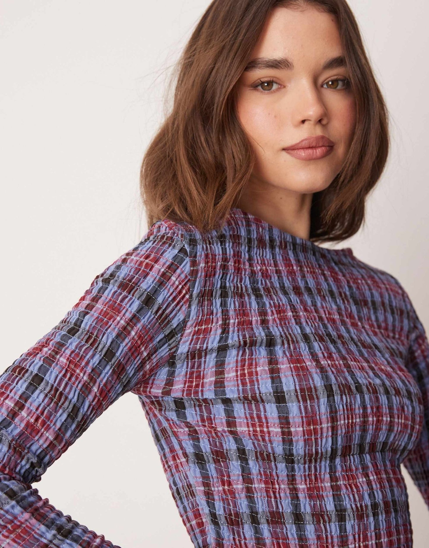 ASOS DESIGN shirred top mini dress in blue check - ASOS Sample Sale