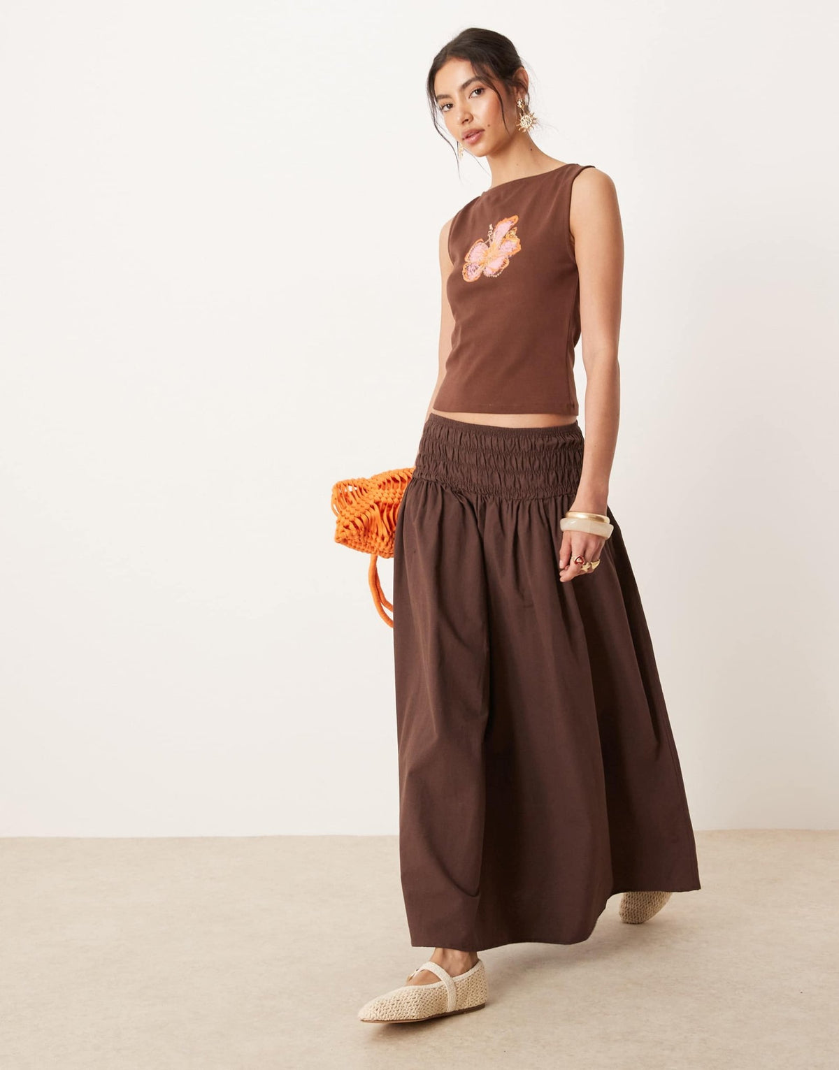 ASOS DESIGN shirred waist maxi skirt in chocolate - ASOS Sample Sale