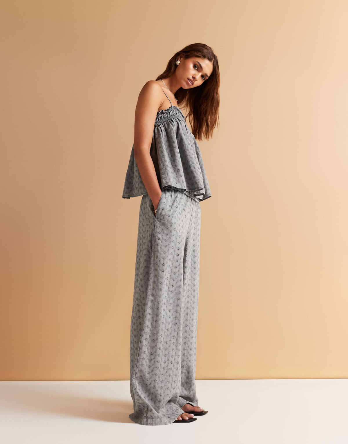 ASOS DESIGN shirred waist wide leg broderie trousers co-ord in washed grey - ASOS Sample Sale
