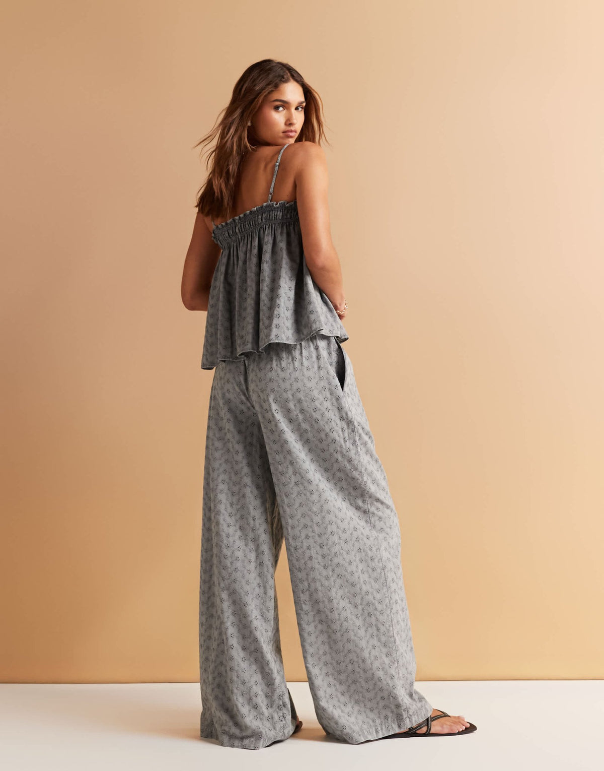 ASOS DESIGN shirred waist wide leg broderie trousers co-ord in washed grey - ASOS Sample Sale