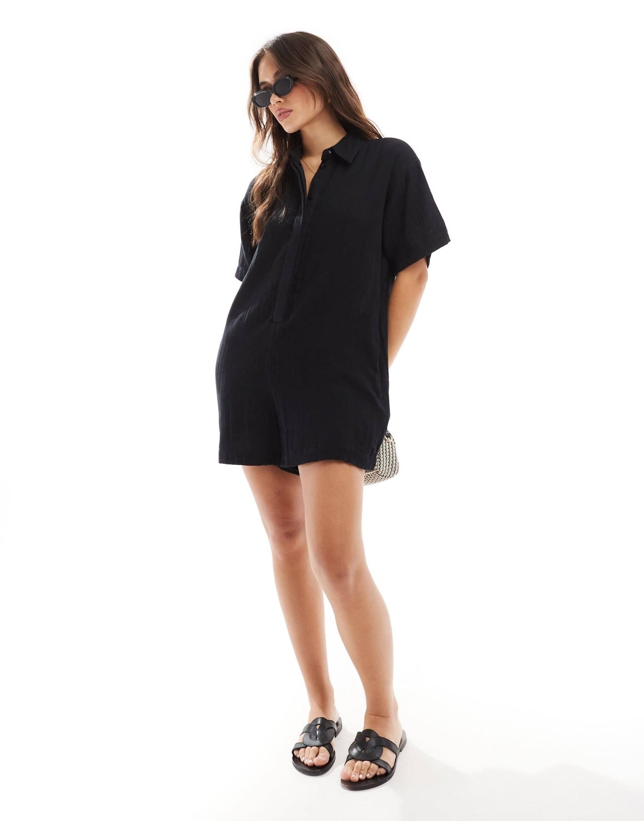 ASOS DESIGN shirt romper playsuit in black - ASOS Sample Sale