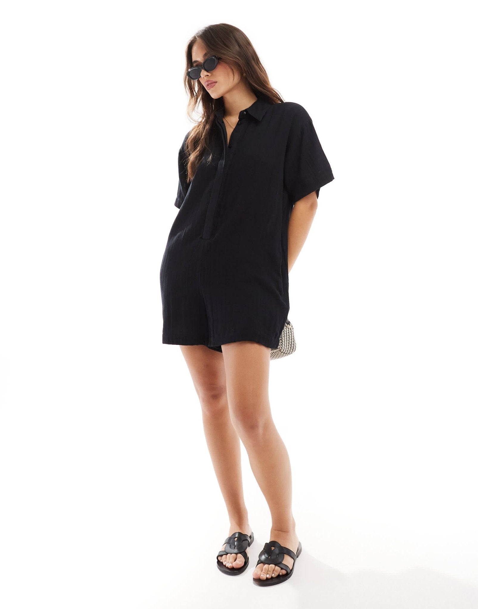 ASOS DESIGN shirt romper playsuit in black - ASOS Sample Sale