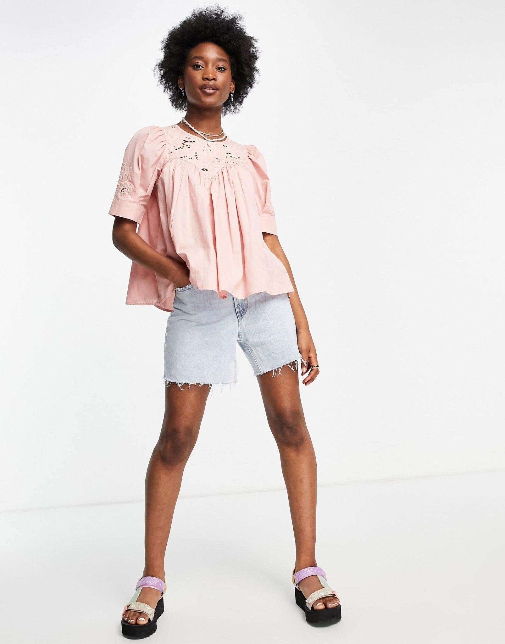 ASOS DESIGN short sleeve cotton top with floral cutwork in dusty pink - ASOS Sample Sale