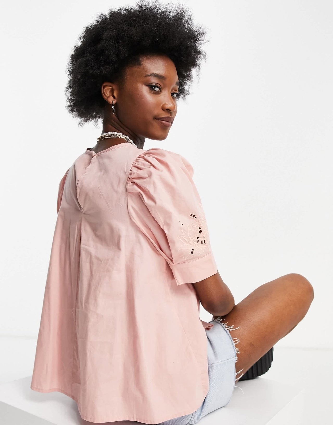 ASOS DESIGN short sleeve cotton top with floral cutwork in dusty pink - ASOS Sample Sale