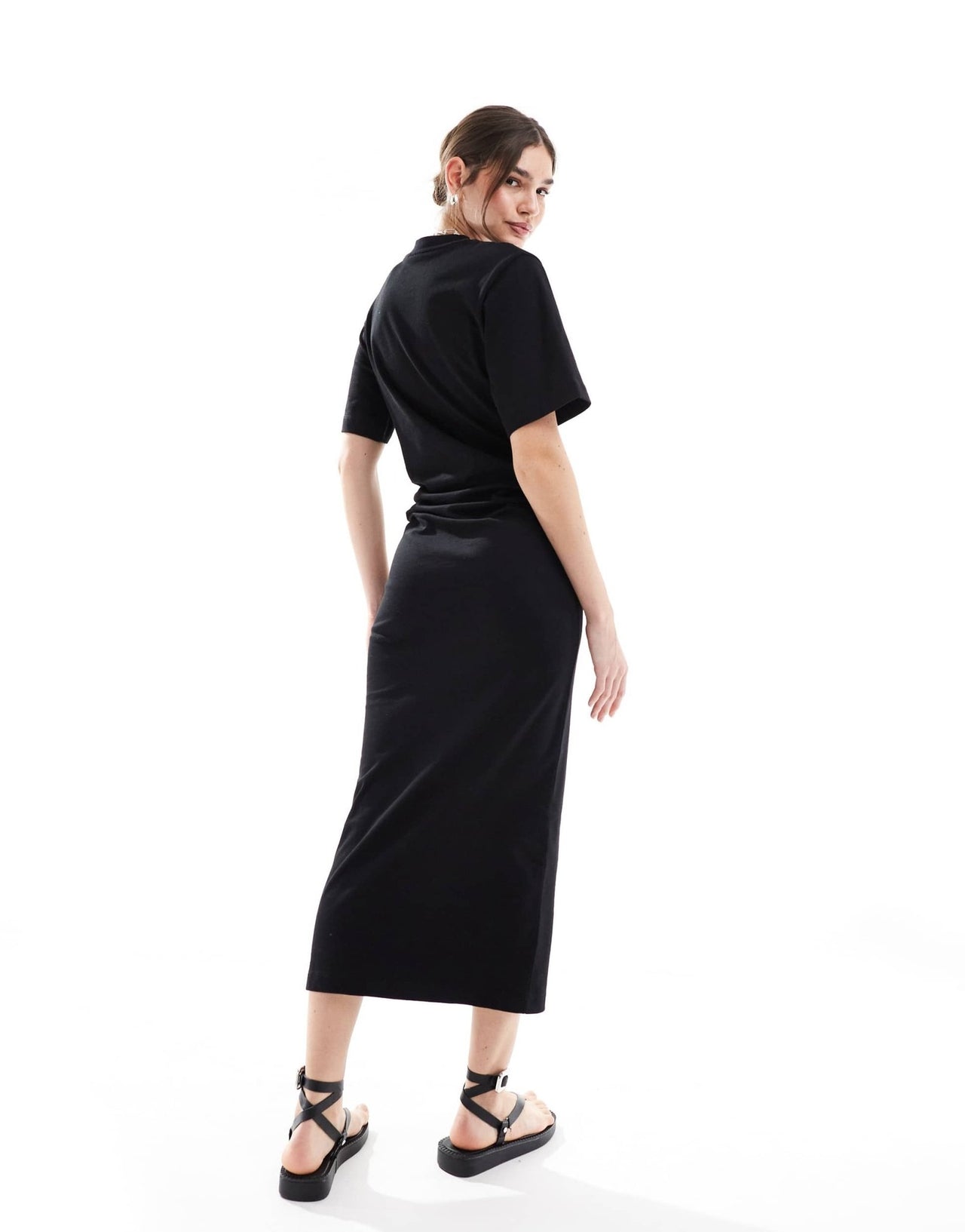 ASOS DESIGN short sleeve gathered waist with side split maxi dress in black - ASOS Sample Sale