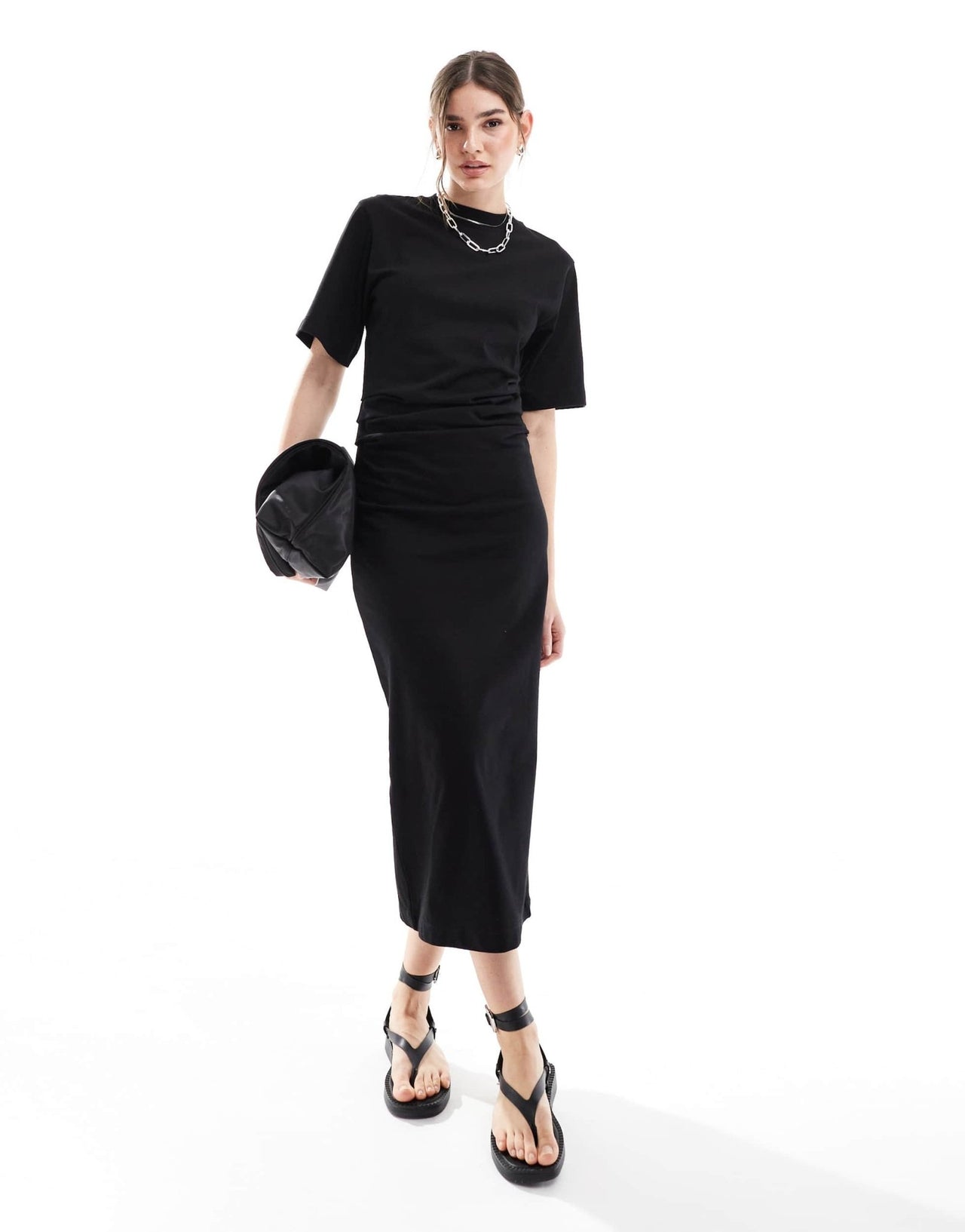 ASOS DESIGN short sleeve gathered waist with side split maxi dress in black - ASOS Sample Sale