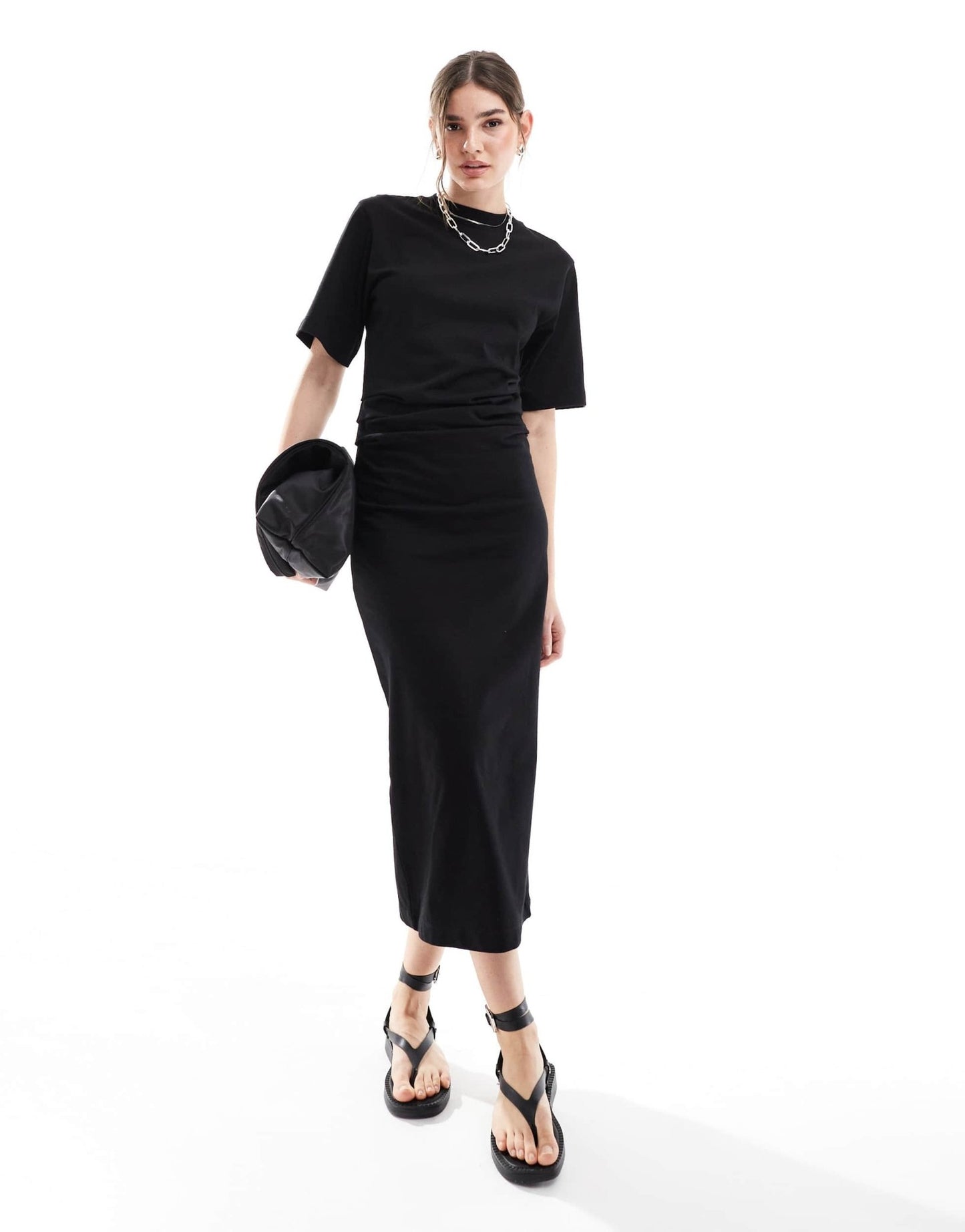 ASOS DESIGN short sleeve gathered waist with side split maxi dress in black - ASOS Sample Sale