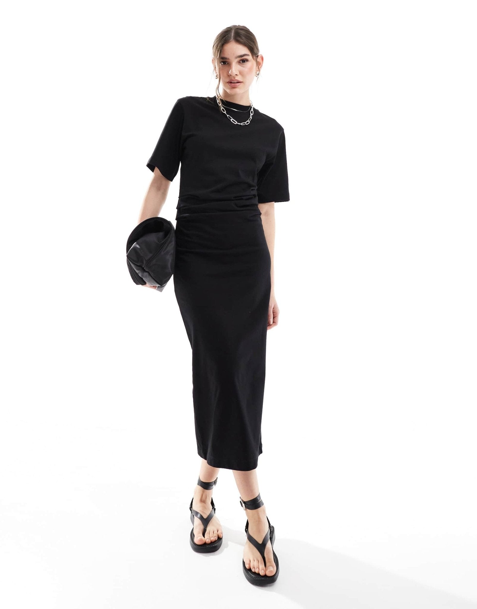 ASOS DESIGN short sleeve gathered waist with side split maxi dress in black - ASOS Sample Sale
