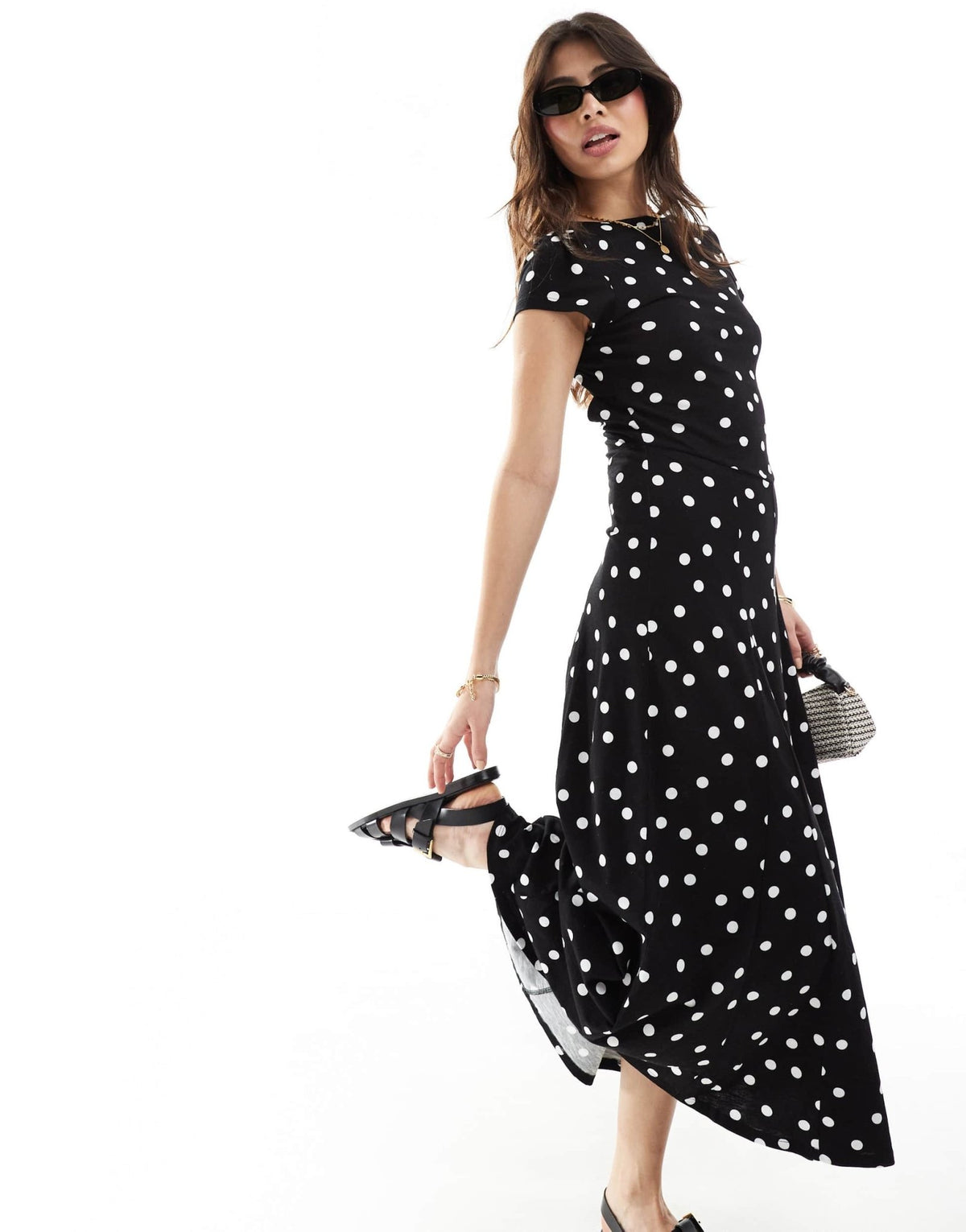 ASOS DESIGN short sleeve low back maxi dress in mono polka dot - ASOS Sample Sale