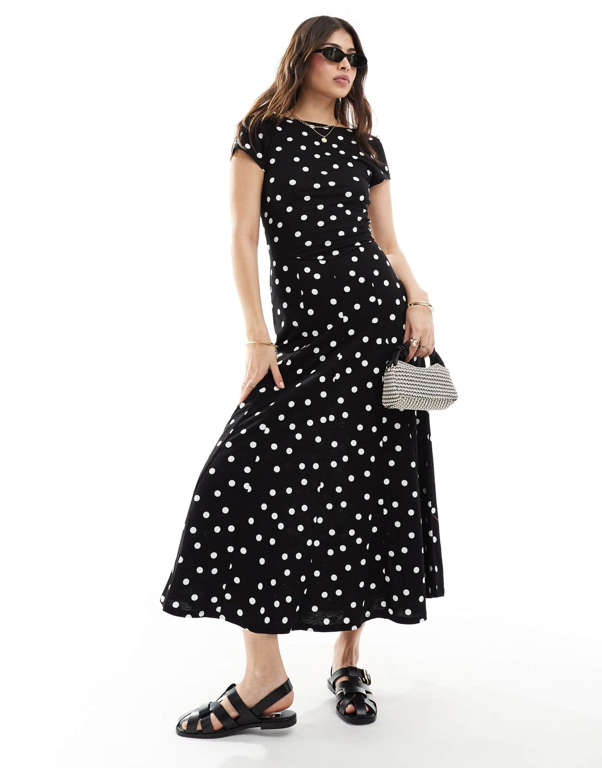 ASOS DESIGN short sleeve low back maxi dress in mono polka dot - ASOS Sample Sale