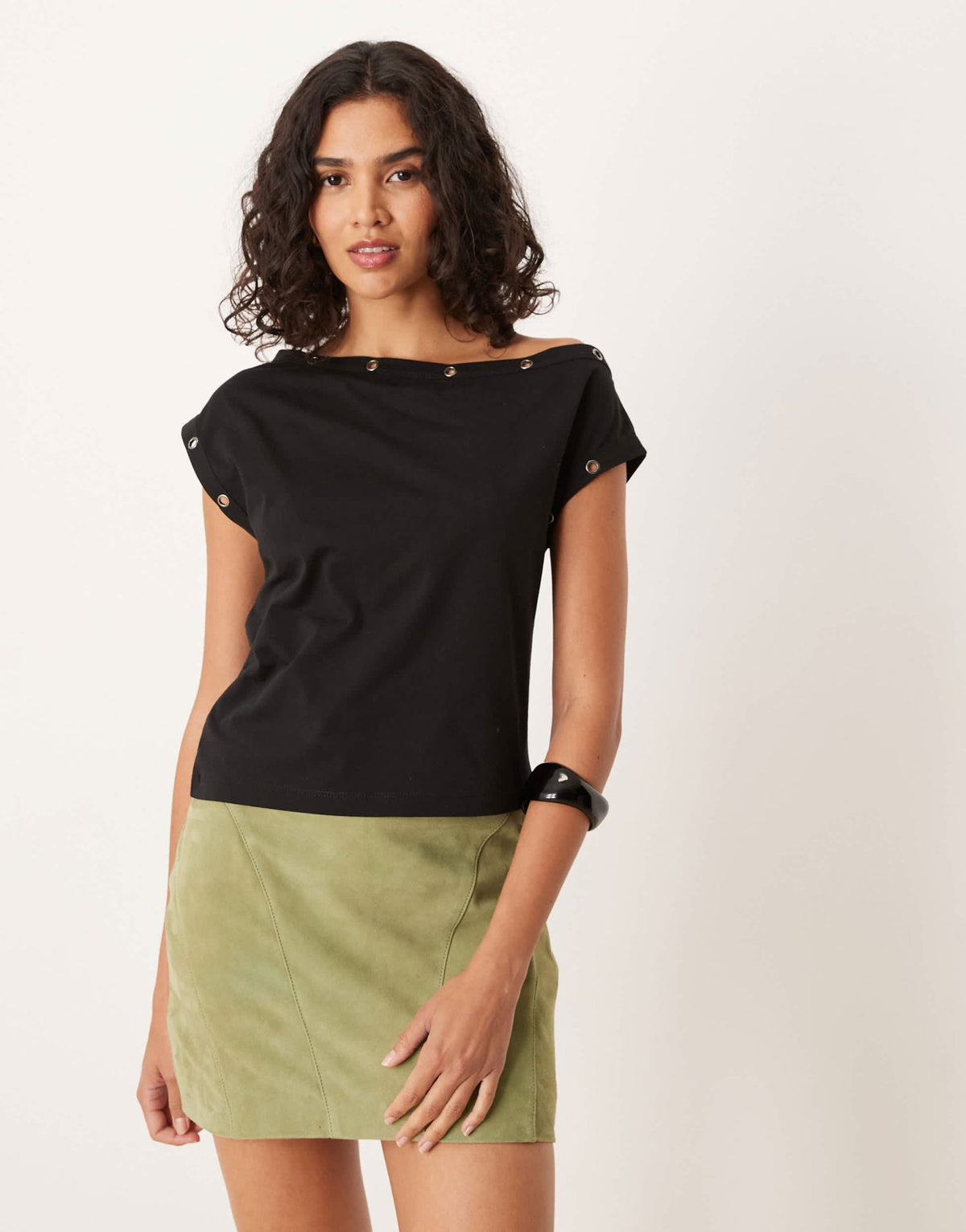 ASOS DESIGN short sleeve off shoulder t-shirt with ring stud detail in black - ASOS Sample Sale