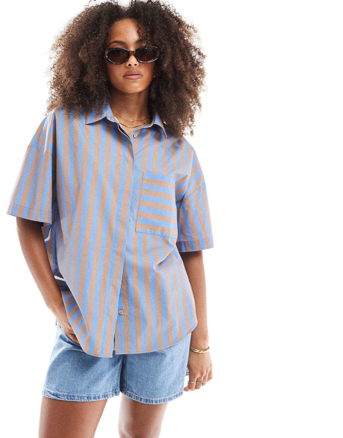 ASOS DESIGN short sleeve oversized shirt in blue and brown stripe - ASOS Sample Sale