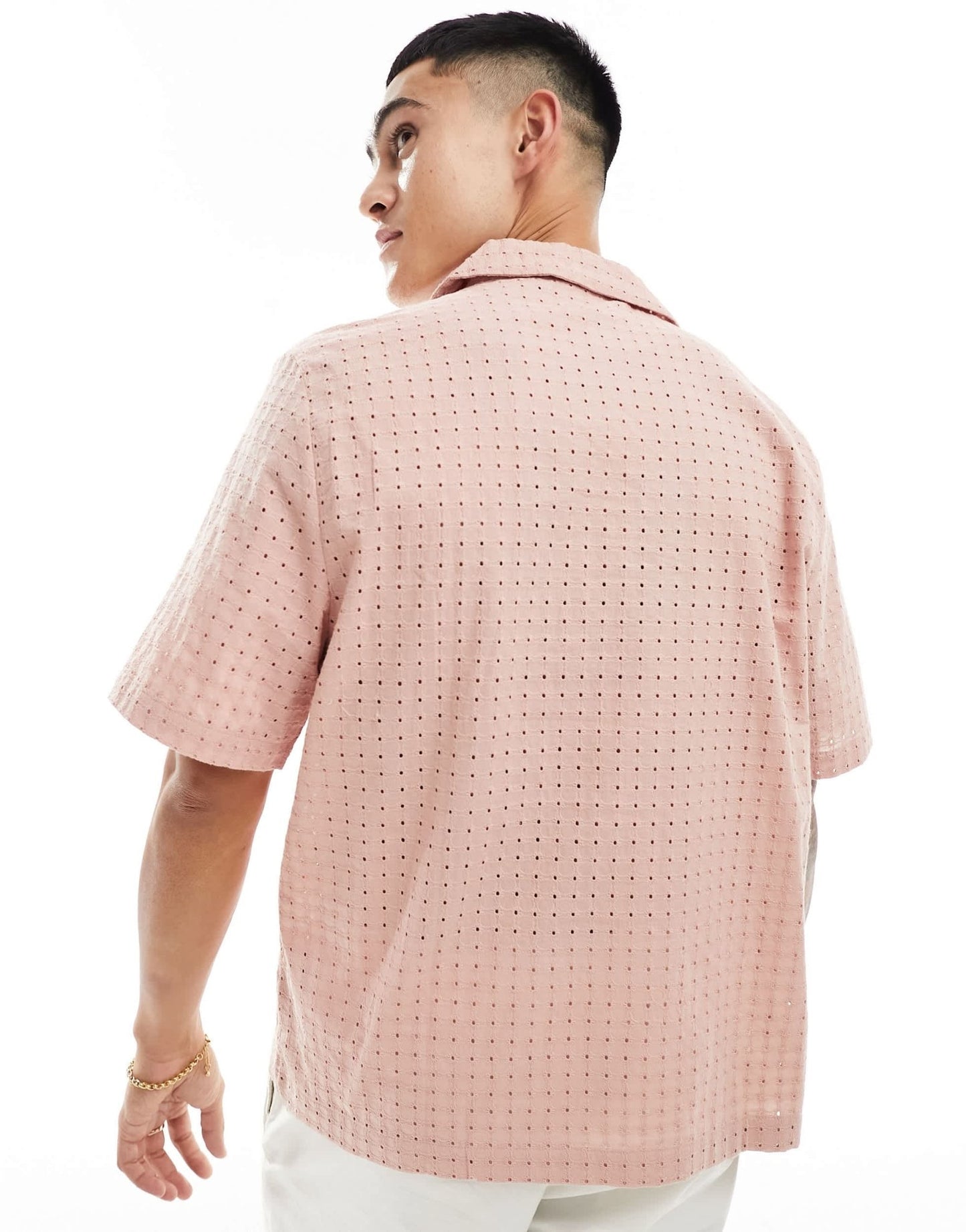 ASOS DESIGN short sleeve relaxed fit revere collar broderie shirt in dusty pink - ASOS Sample Sale