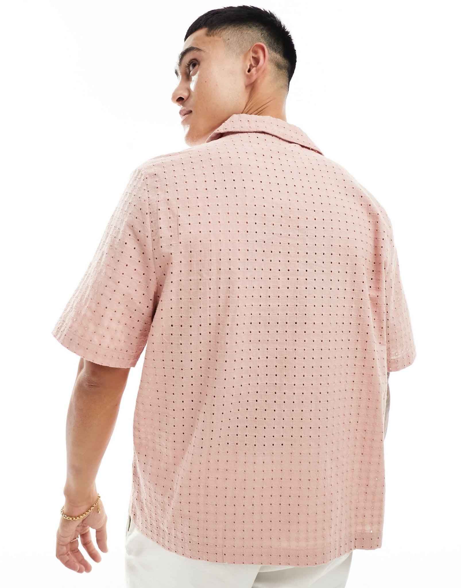 ASOS DESIGN short sleeve relaxed fit revere collar broderie shirt in dusty pink - ASOS Sample Sale