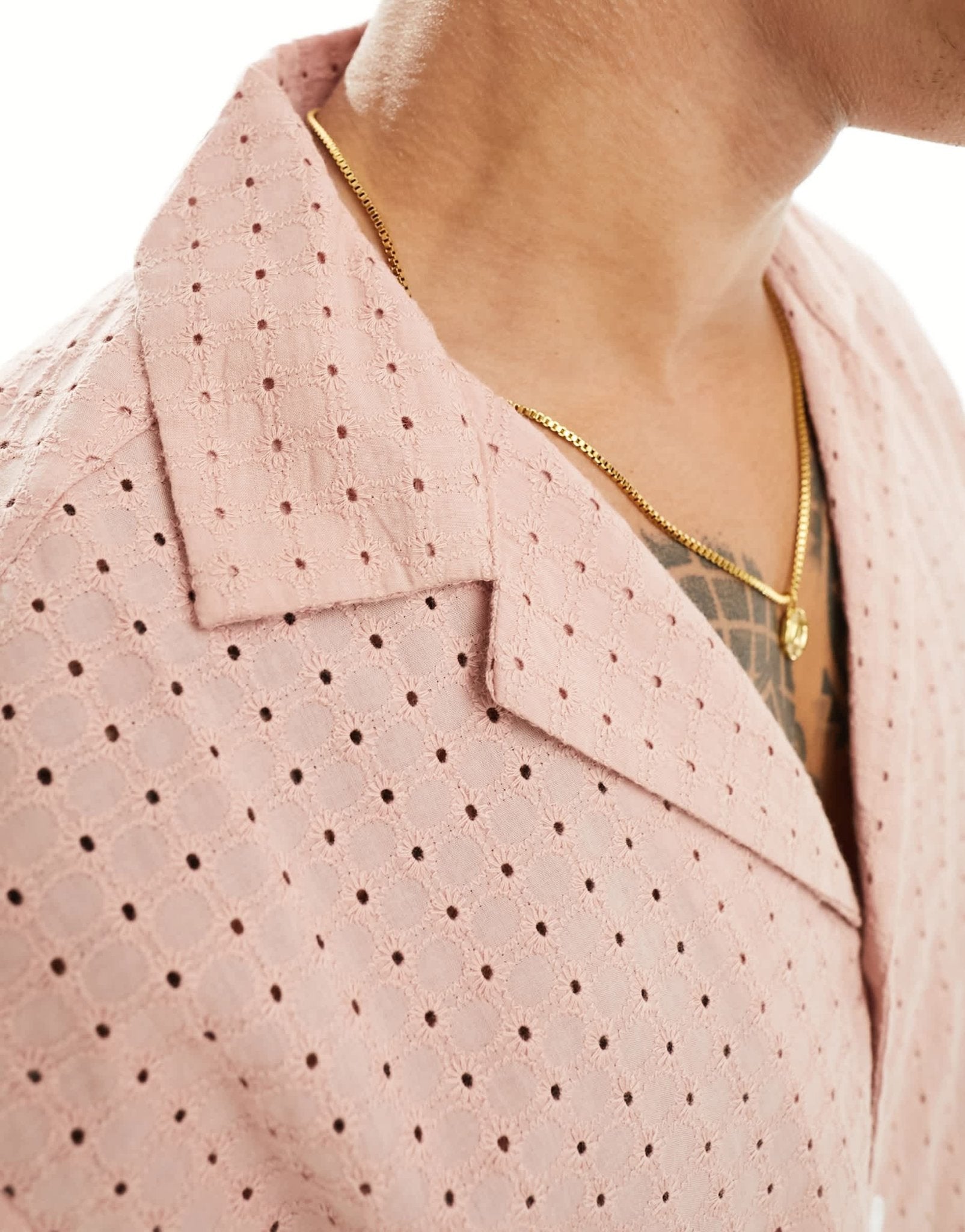 ASOS DESIGN short sleeve relaxed fit revere collar broderie shirt in dusty pink - ASOS Sample Sale