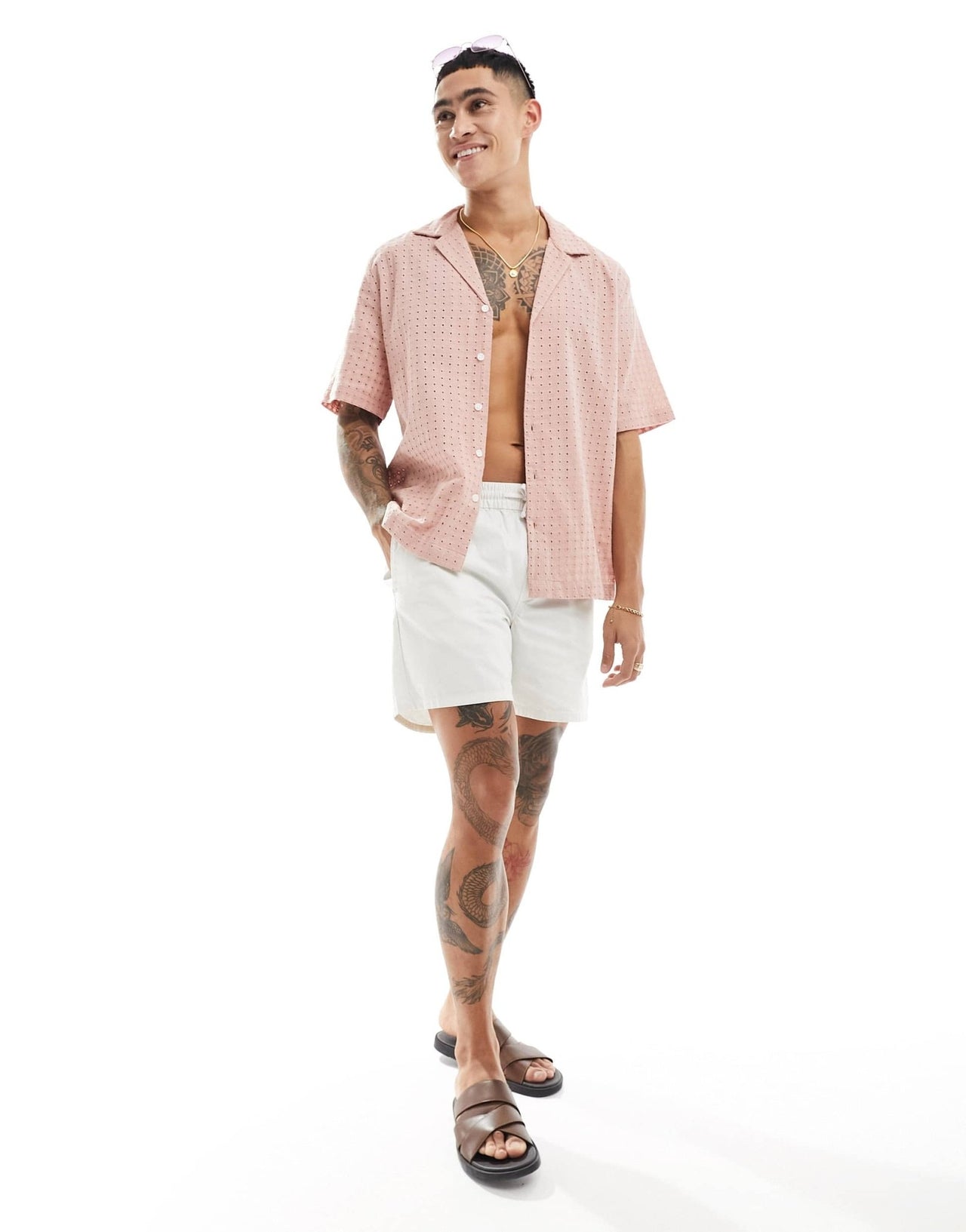 ASOS DESIGN short sleeve relaxed fit revere collar broderie shirt in dusty pink - ASOS Sample Sale