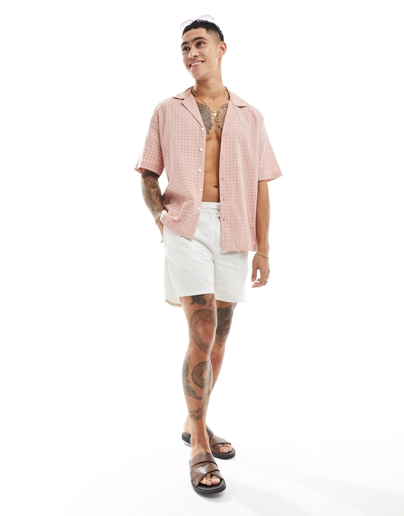 ASOS DESIGN short sleeve relaxed fit revere collar broderie shirt in dusty pink - ASOS Sample Sale