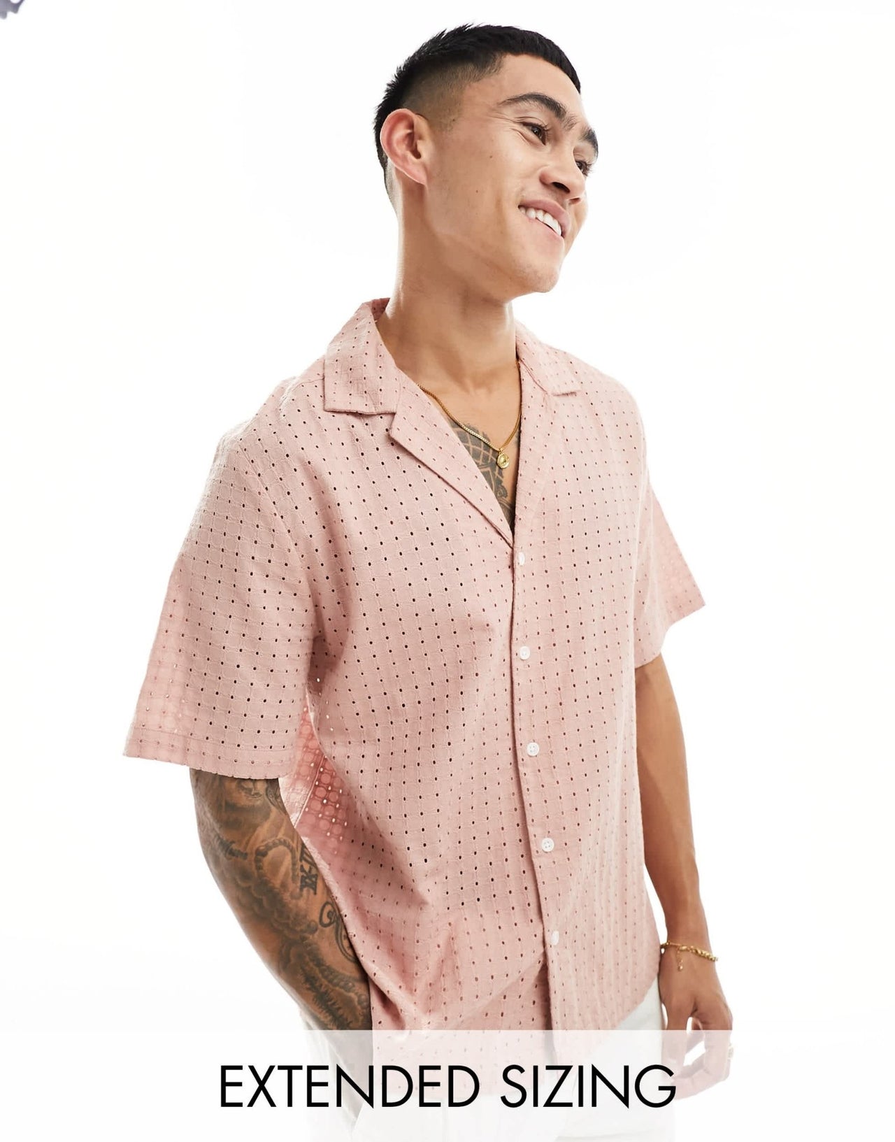 ASOS DESIGN short sleeve relaxed fit revere collar broderie shirt in dusty pink - ASOS Sample Sale