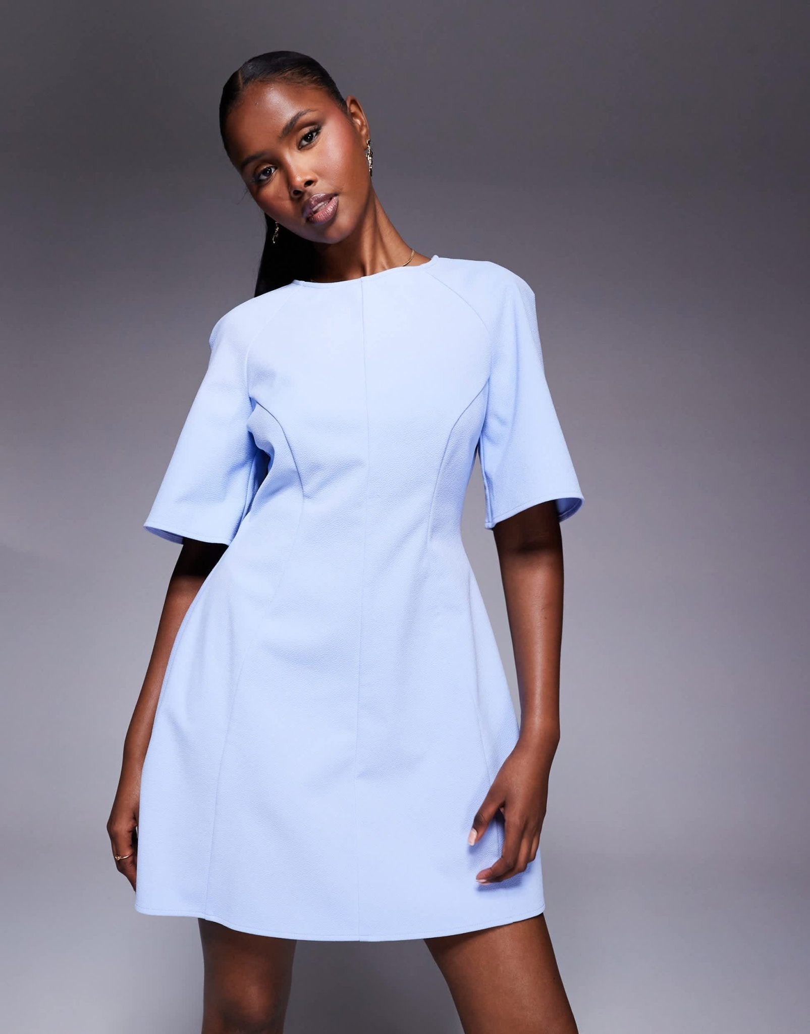 ASOS DESIGN short sleeve seamed dome skirt mini dress in light blue - ASOS Sample Sale