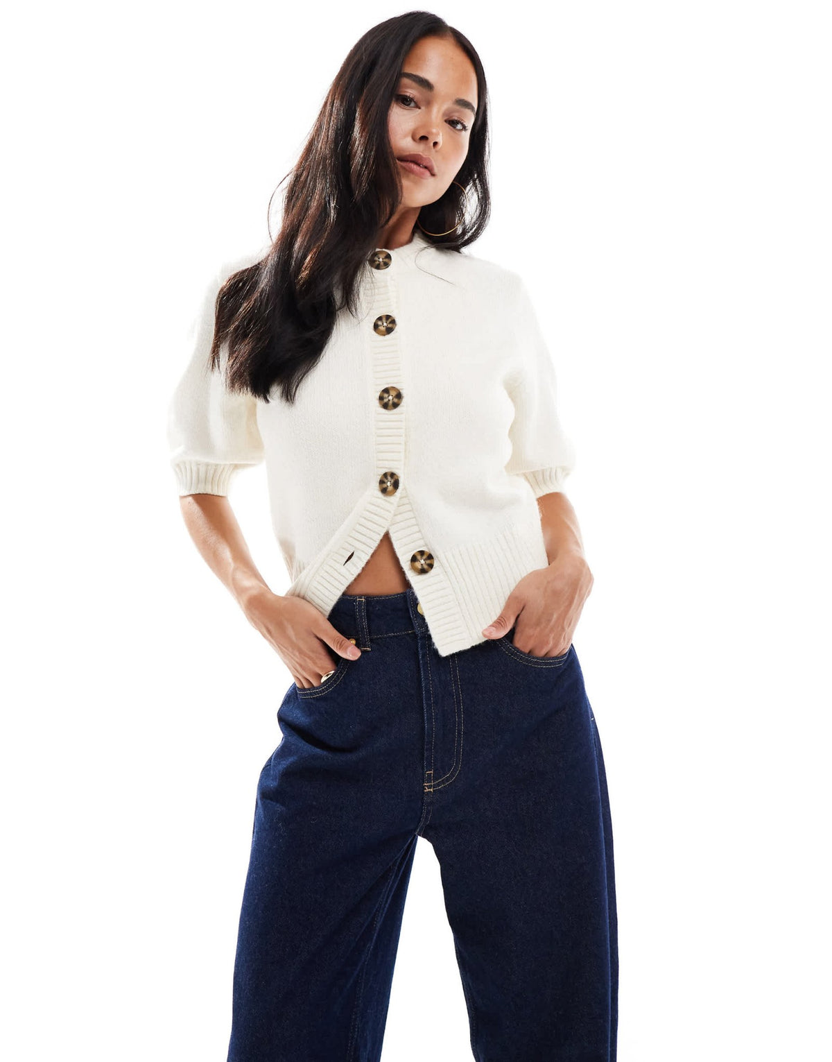 ASOS DESIGN short sleeve waisted crew neck cardigan in cream - ASOS Sample Sale