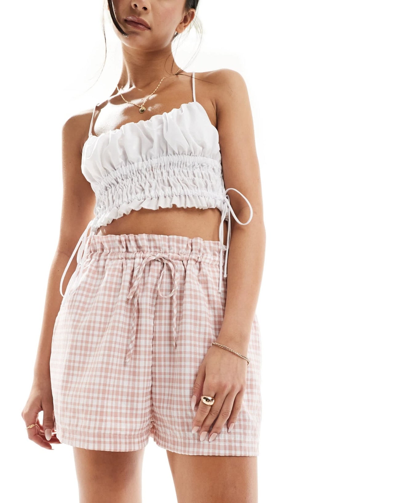 ASOS DESIGN short with ruffle detail in pink gingham - ASOS Sample Sale