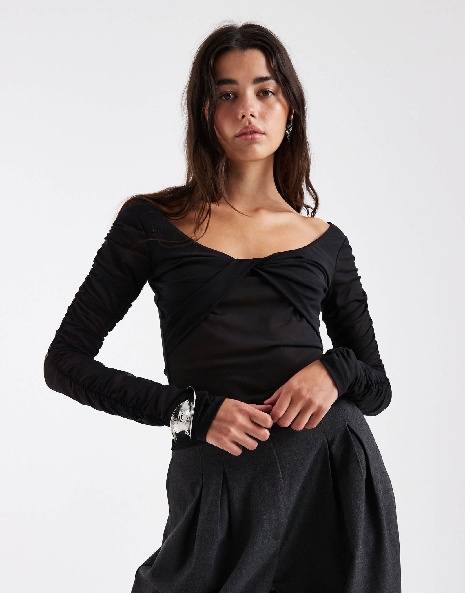 ASOS DESIGN shoulder grazer twist front mesh long sleeve top in black - ASOS Sample Sale