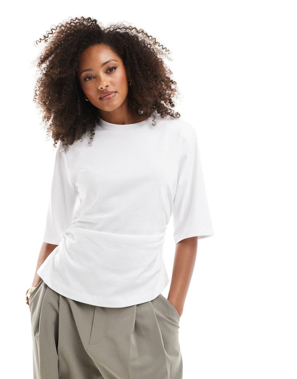 ASOS DESIGN shoulder pad cinch waist t shirt in white - ASOS Sample Sale