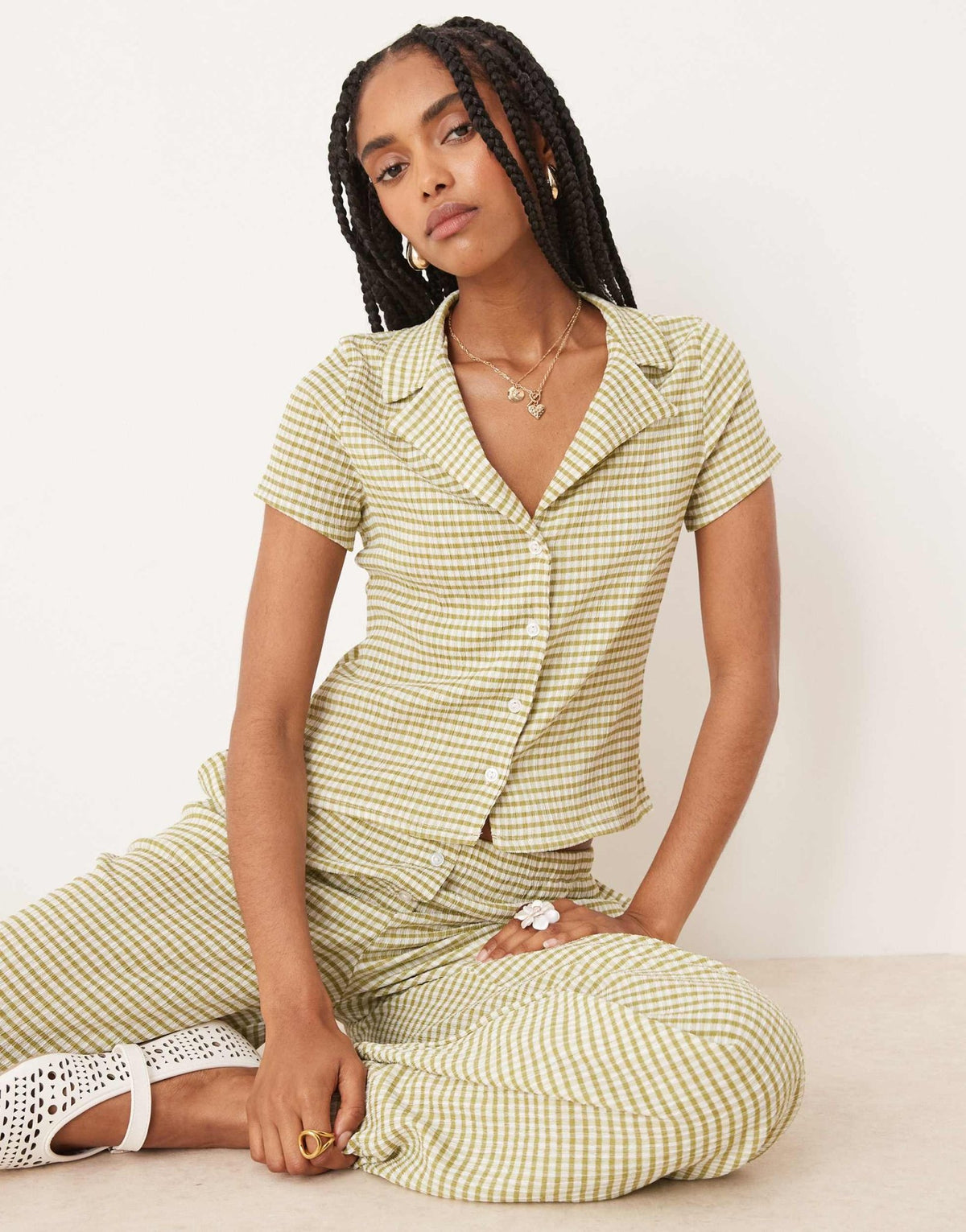 ASOS DESIGN shrunken revere shirt co-ord in green gingham - ASOS Sample Sale
