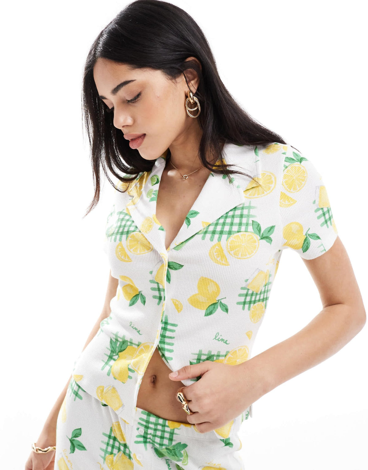 ASOS DESIGN shrunken revere waffle shirt in lemon drink print - ASOS Sample Sale