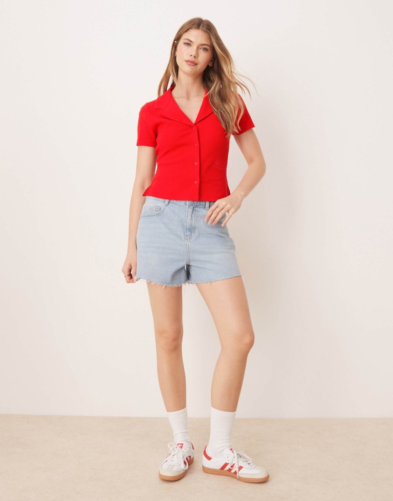 ASOS DESIGN shrunken revere waffle shirt in red - ASOS Sample Sale