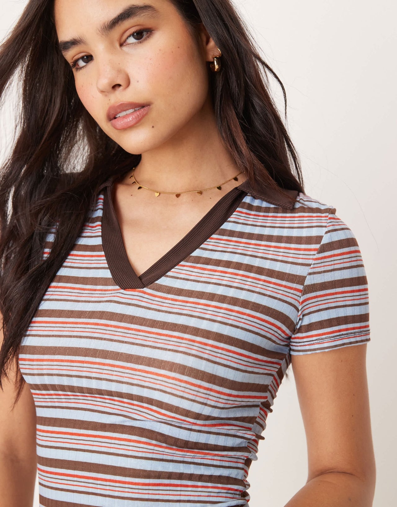 ASOS DESIGN shrunken rugby collar polo top co-ord in blue and brown stripe - ASOS Sample Sale