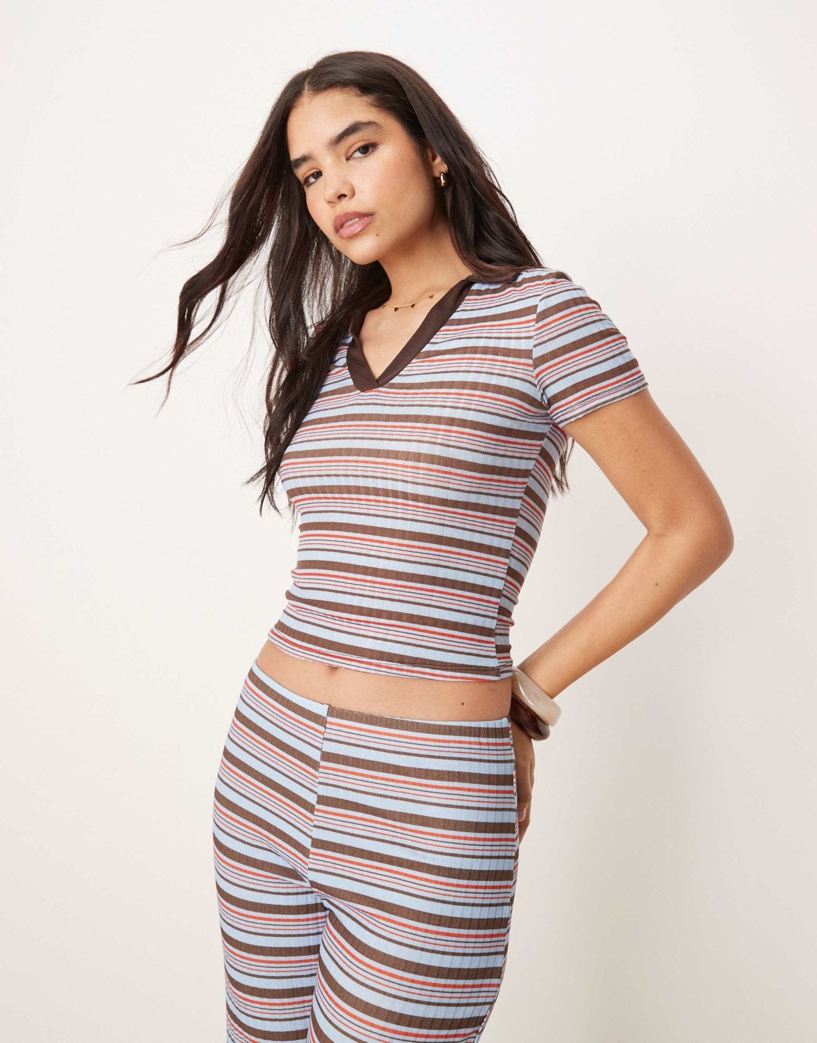 ASOS DESIGN shrunken rugby collar polo top co-ord in blue and brown stripe - ASOS Sample Sale