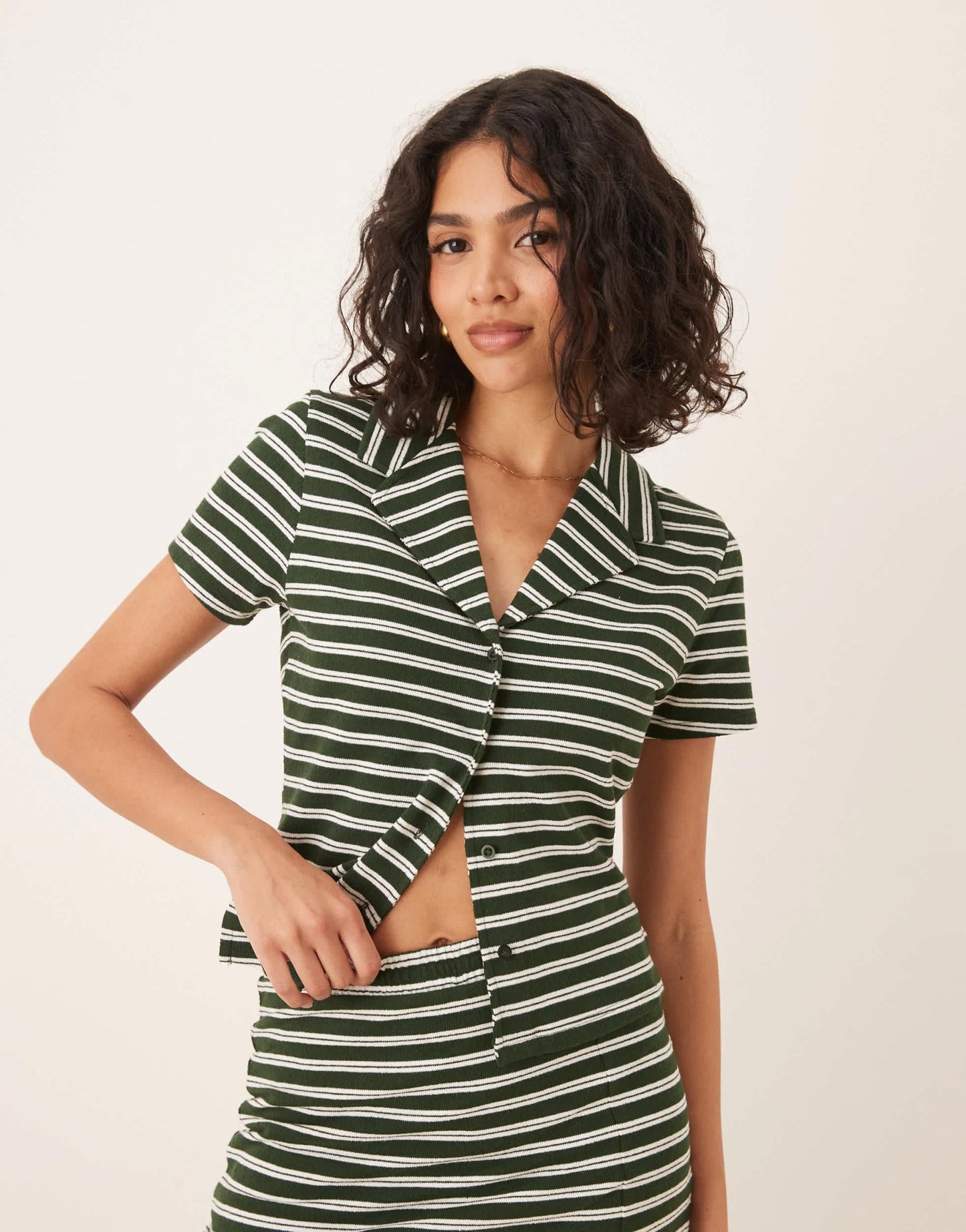 ASOS DESIGN shrunken shirt co-ord in textured green and white stripe - ASOS Sample Sale