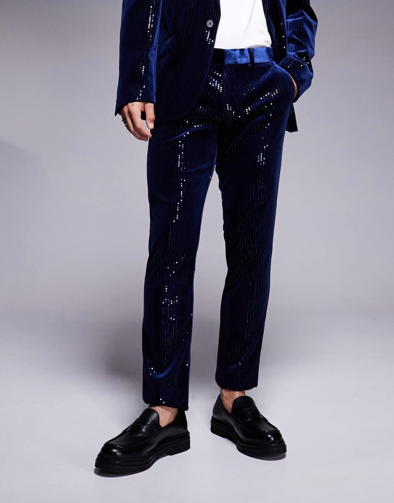 ASOS DESIGN skinny suit trousers in velvet sequin in navy - ASOS Sample Sale