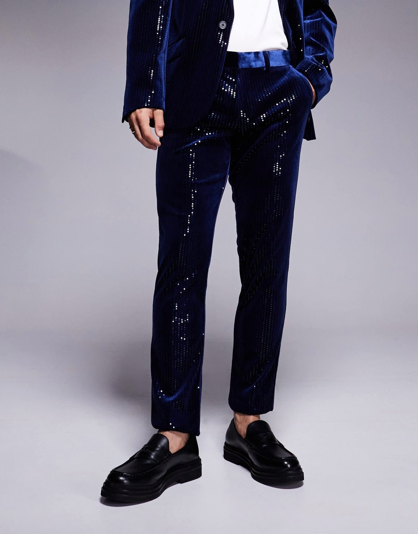 ASOS DESIGN skinny suit trousers in velvet sequin in navy - ASOS Sample Sale