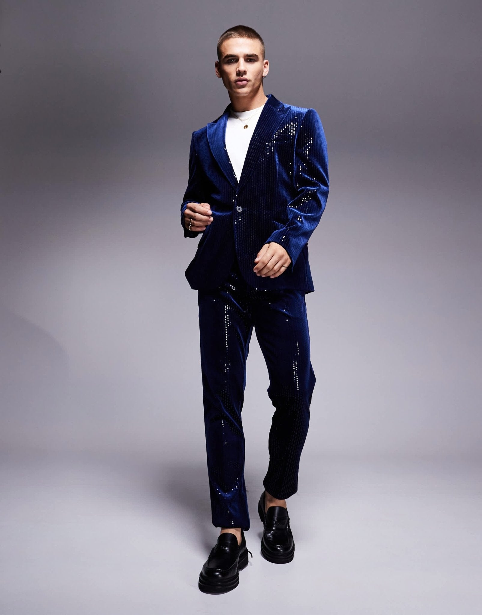 ASOS DESIGN skinny suit trousers in velvet sequin in navy - ASOS Sample Sale