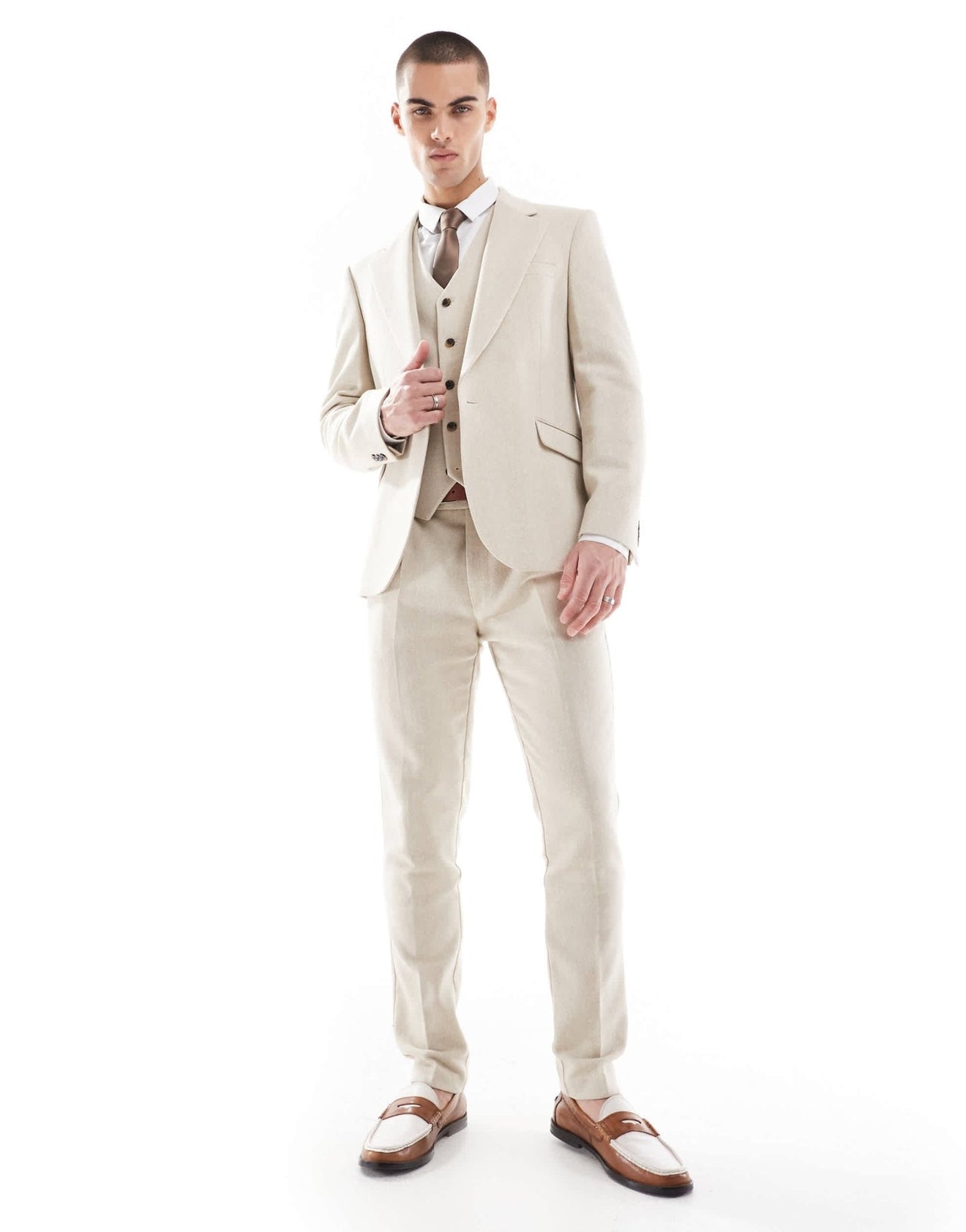 ASOS DESIGN skinny wool blend suit jacket in stone herringbone - ASOS Sample Sale