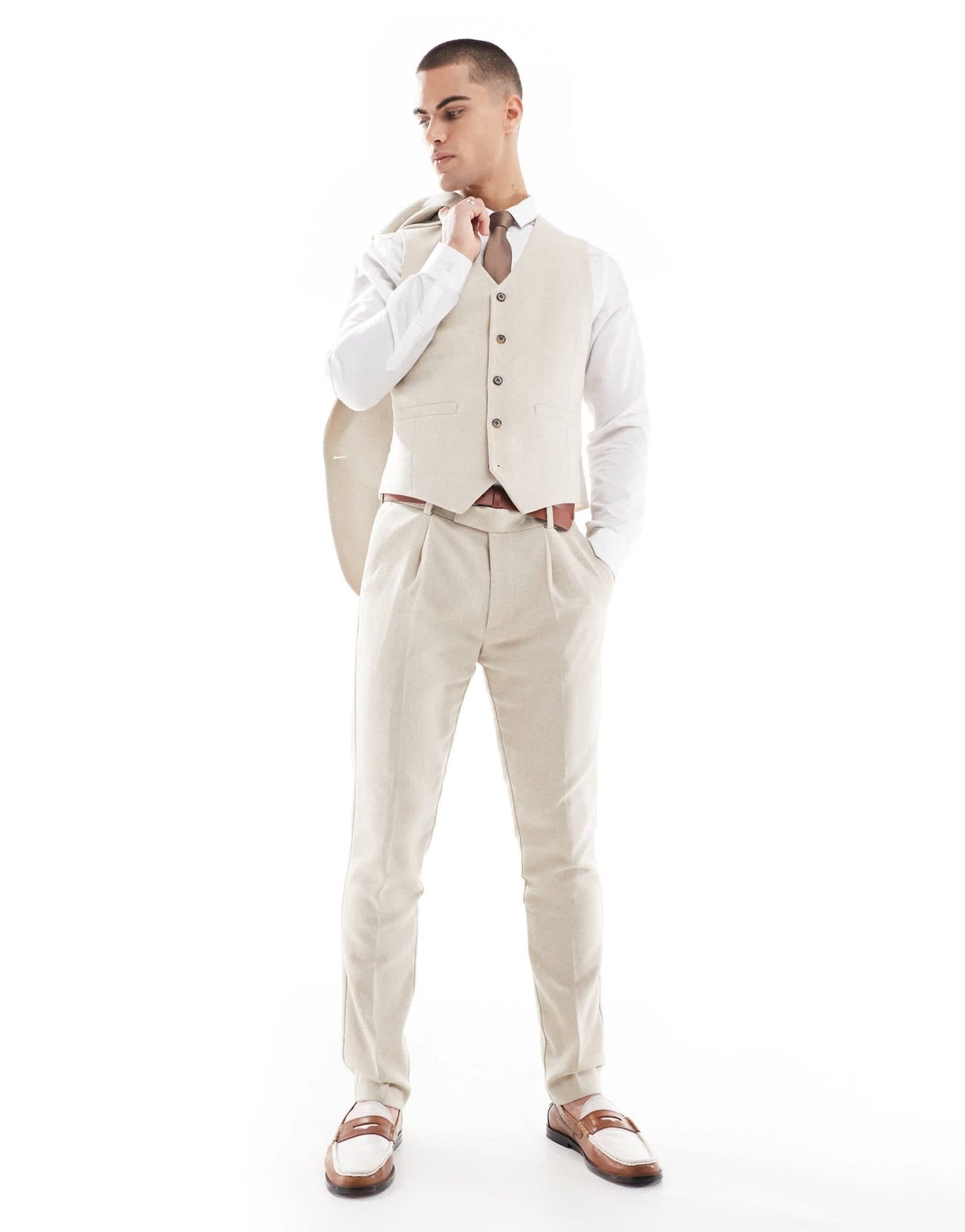 ASOS DESIGN skinny wool blend suit waistcoat in stone herringbone - ASOS Sample Sale