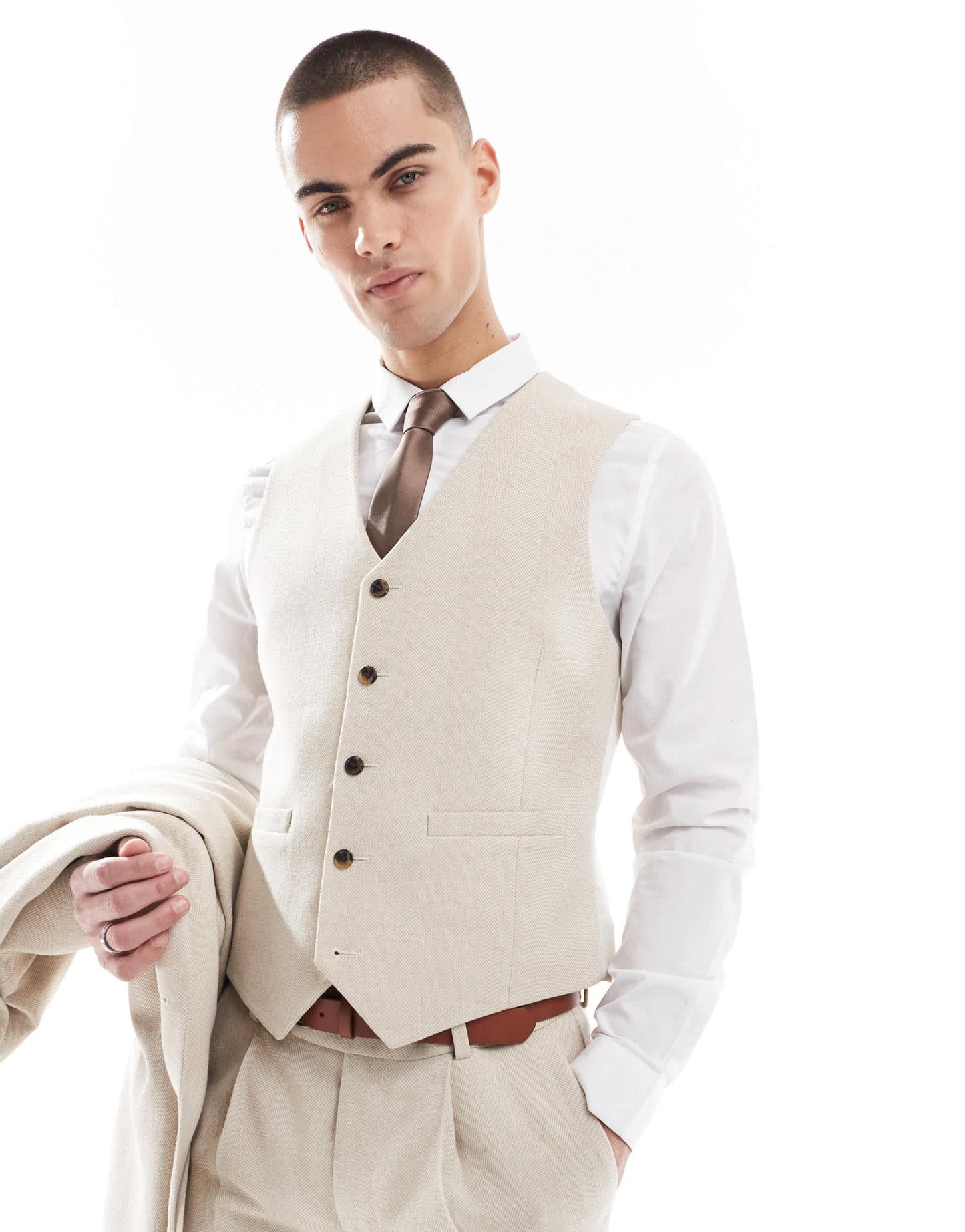 ASOS DESIGN skinny wool blend suit waistcoat in stone herringbone - ASOS Sample Sale