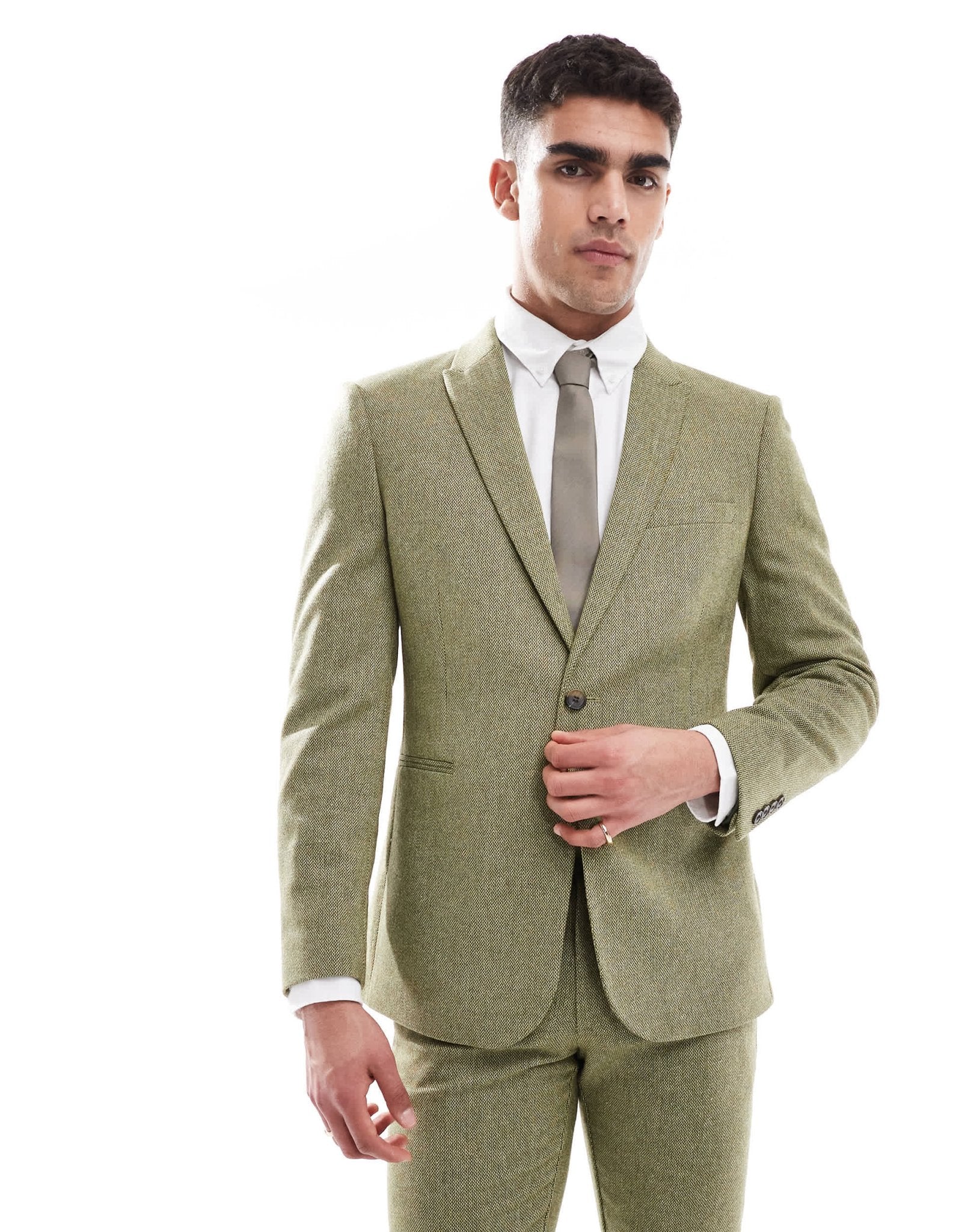 ASOS DESIGN skinny wool mix suit jacket in olive basketweave texture - ASOS Sample Sale