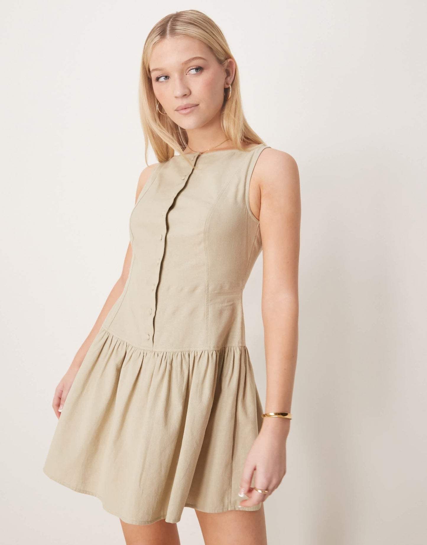 ASOS DESIGN slash neck button down dropped waist mini dress in putty - ASOS Sample Sale