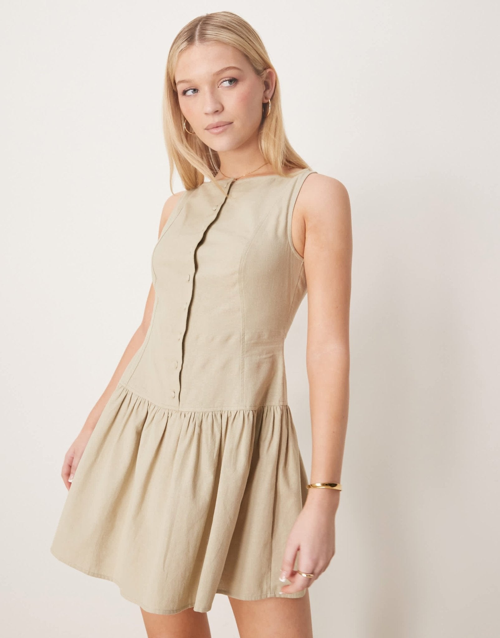 ASOS DESIGN slash neck button down dropped waist mini dress in putty - ASOS Sample Sale
