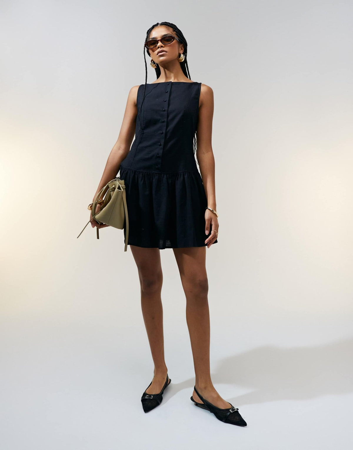 ASOS DESIGN slash neck button down dropped waist mini sundress in black - ASOS Sample Sale