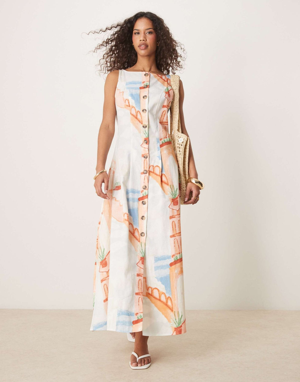ASOS DESIGN slash neck button down waistcoat maxi sundress in postcard print - ASOS Sample Sale