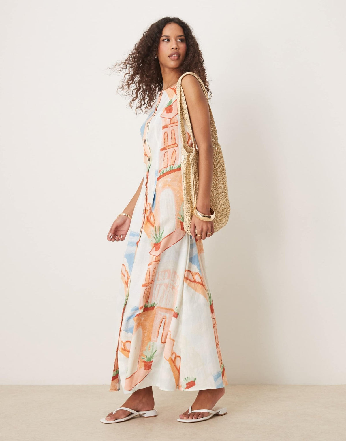 ASOS DESIGN slash neck button down waistcoat maxi sundress in postcard print - ASOS Sample Sale