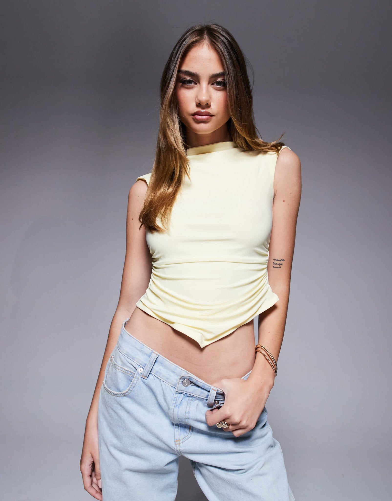 ASOS DESIGN slash neck cap sleeve ruched side top in buttermilk yellow - YELLOW - ASOS Sample Sale