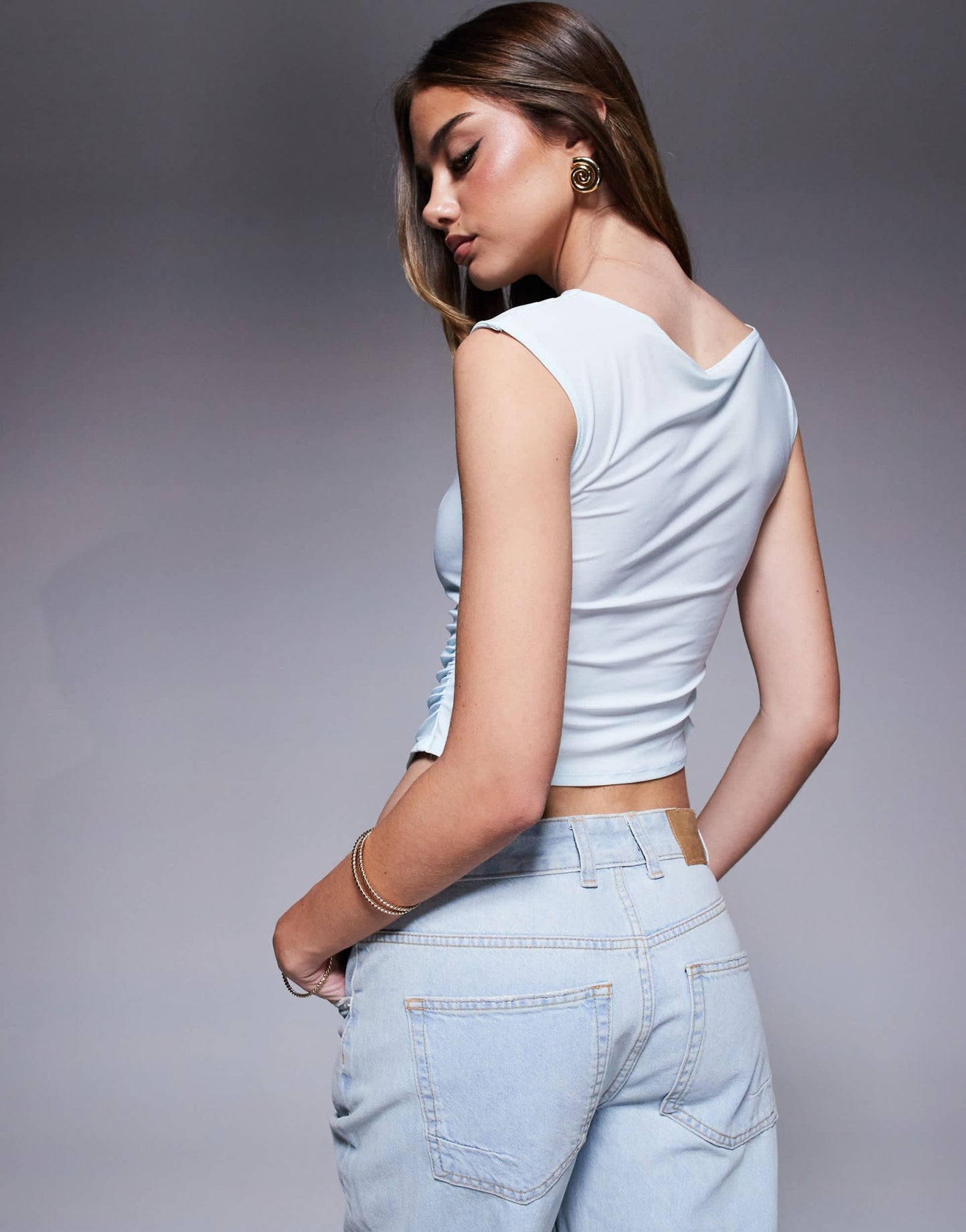 ASOS DESIGN slash neck cap sleeve ruched side top in pastel blue - ASOS Sample Sale