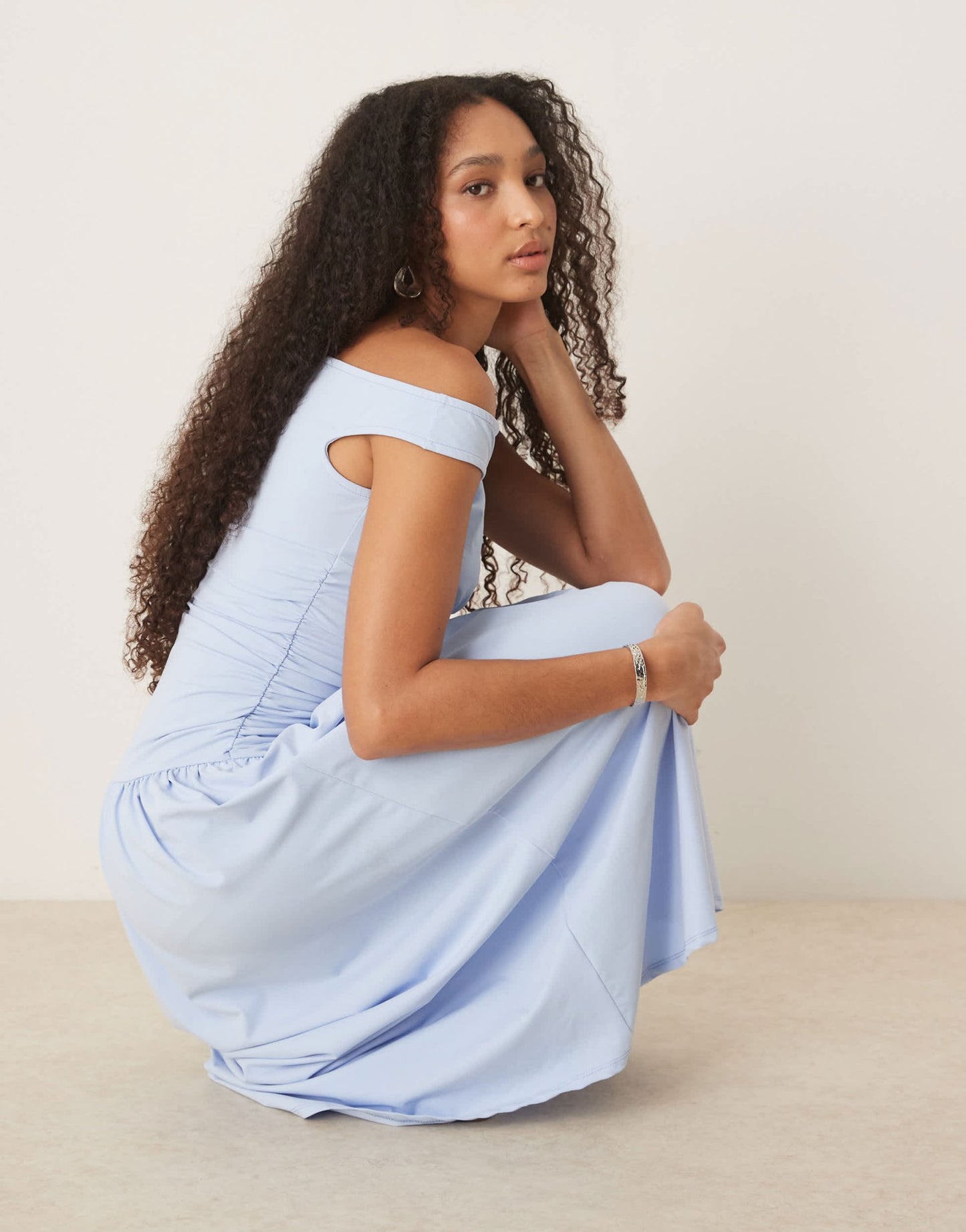 ASOS DESIGN slash neck fitted waist midi dress in baby blue - ASOS Sample Sale